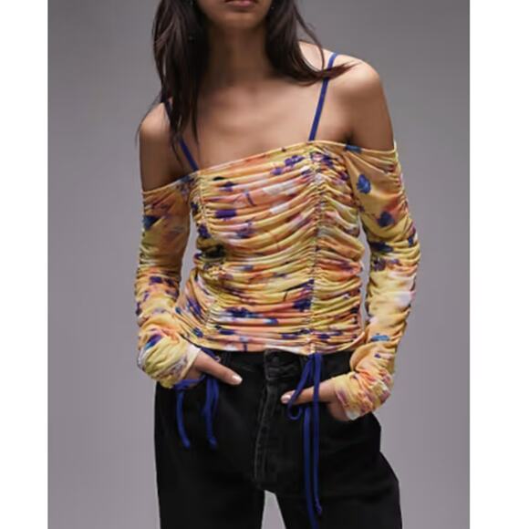 NEW TOPSHOP NORDSTROM Multicolor Printed Long Sleeve Ruched Top Size 4-6 - Picture 2 of 9